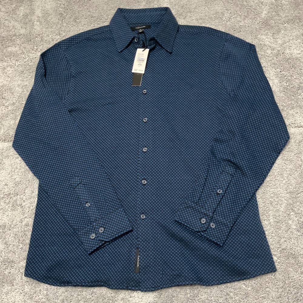 Tahari Mens Naval Blue Diamond Print Button Down Shirt L T33LK105D